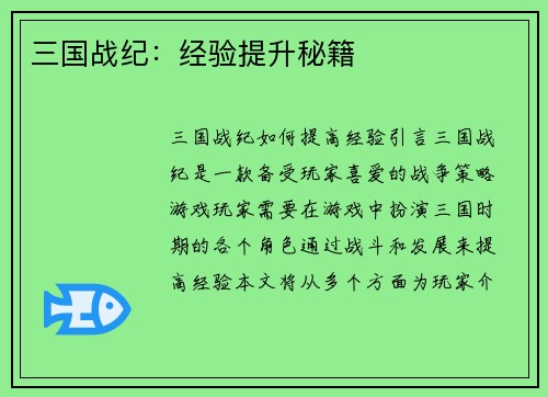 三国战纪：经验提升秘籍