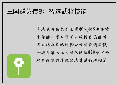 三国群英传8：智选武将技能