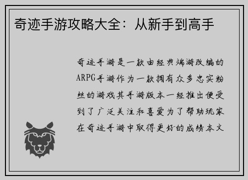 奇迹手游攻略大全：从新手到高手