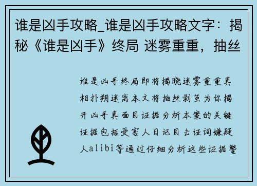 谁是凶手攻略_谁是凶手攻略文字：揭秘《谁是凶手》终局 迷雾重重，抽丝剥茧